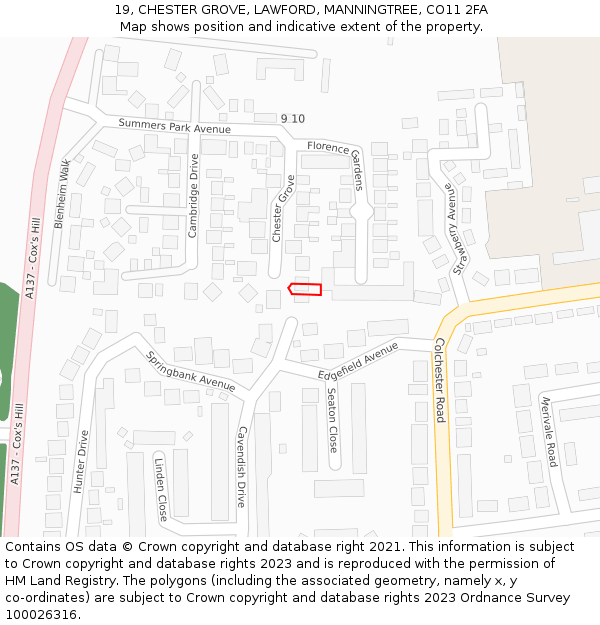 19, CHESTER GROVE, LAWFORD, MANNINGTREE, CO11 2FA: Location map and indicative extent of plot