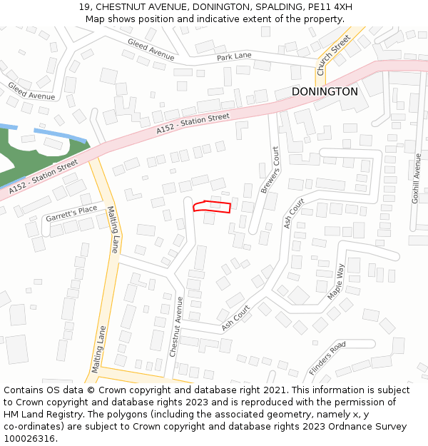 19, CHESTNUT AVENUE, DONINGTON, SPALDING, PE11 4XH: Location map and indicative extent of plot