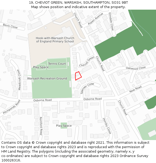 19, CHEVIOT GREEN, WARSASH, SOUTHAMPTON, SO31 9BT: Location map and indicative extent of plot