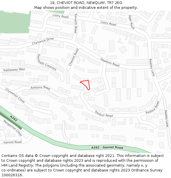 19, CHEVIOT ROAD, NEWQUAY, TR7 2EG: Location map and indicative extent of plot