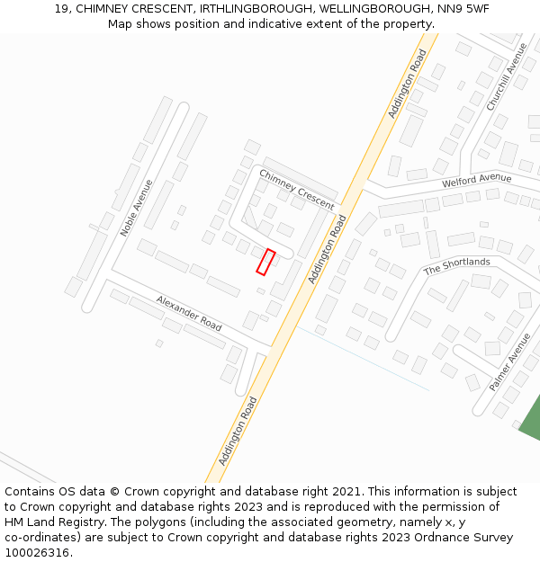 19, CHIMNEY CRESCENT, IRTHLINGBOROUGH, WELLINGBOROUGH, NN9 5WF: Location map and indicative extent of plot