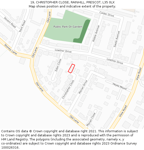 19, CHRISTOPHER CLOSE, RAINHILL, PRESCOT, L35 0LX: Location map and indicative extent of plot