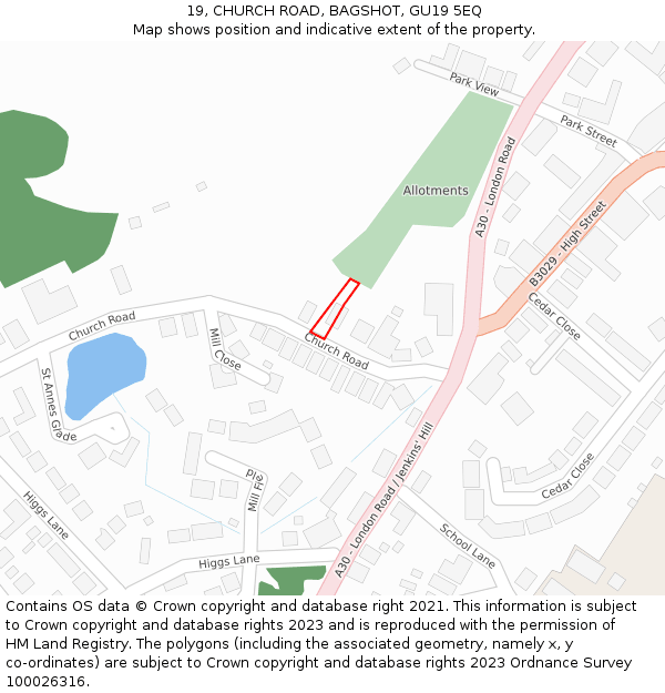 19, CHURCH ROAD, BAGSHOT, GU19 5EQ: Location map and indicative extent of plot