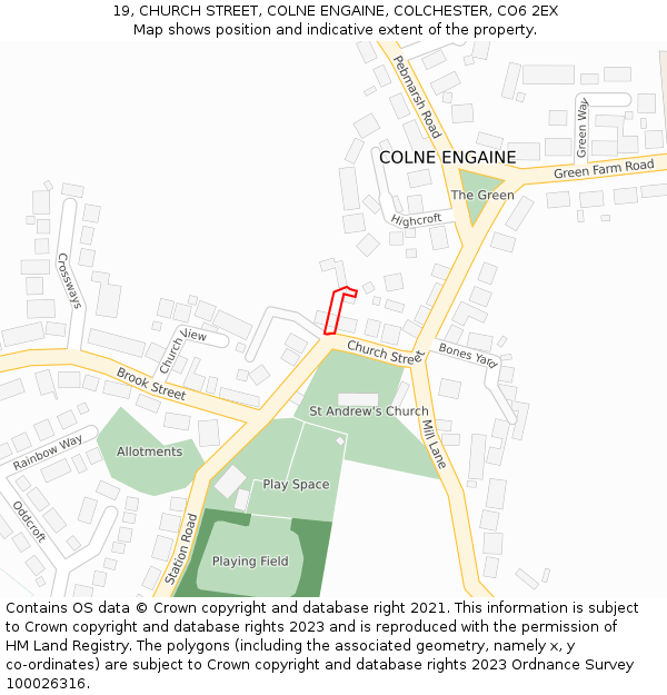 19, CHURCH STREET, COLNE ENGAINE, COLCHESTER, CO6 2EX: Location map and indicative extent of plot