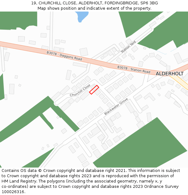 19, CHURCHILL CLOSE, ALDERHOLT, FORDINGBRIDGE, SP6 3BG: Location map and indicative extent of plot