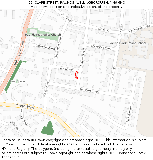 19, CLARE STREET, RAUNDS, WELLINGBOROUGH, NN9 6NQ: Location map and indicative extent of plot