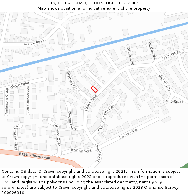 19, CLEEVE ROAD, HEDON, HULL, HU12 8PY: Location map and indicative extent of plot