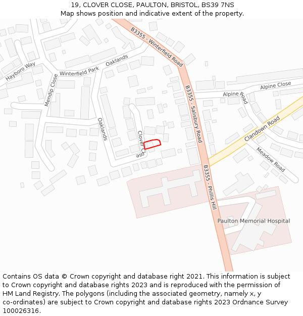 19, CLOVER CLOSE, PAULTON, BRISTOL, BS39 7NS: Location map and indicative extent of plot