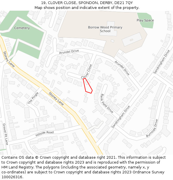 19, CLOVER CLOSE, SPONDON, DERBY, DE21 7QY: Location map and indicative extent of plot