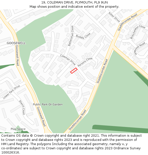 19, COLEMAN DRIVE, PLYMOUTH, PL9 9UN: Location map and indicative extent of plot