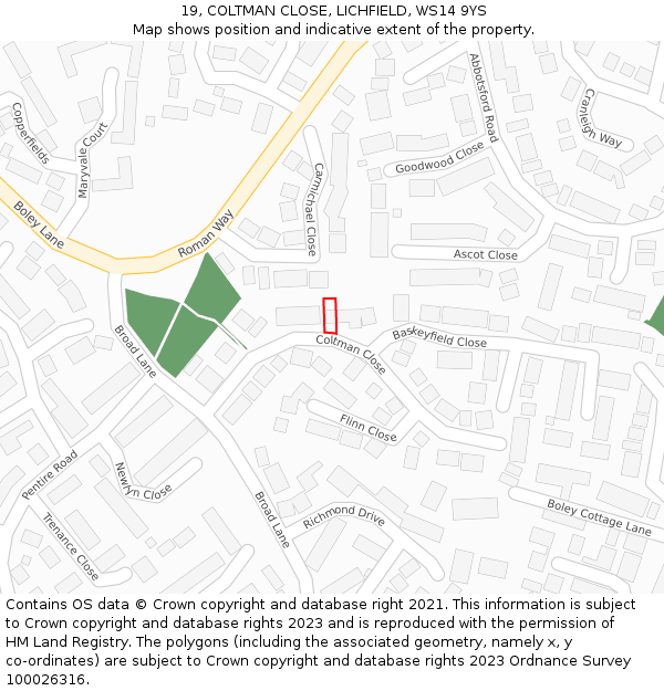 19, COLTMAN CLOSE, LICHFIELD, WS14 9YS: Location map and indicative extent of plot