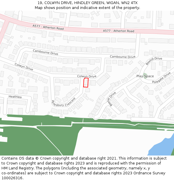 19, COLWYN DRIVE, HINDLEY GREEN, WIGAN, WN2 4TX: Location map and indicative extent of plot