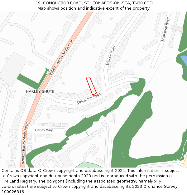 19, CONQUEROR ROAD, ST LEONARDS-ON-SEA, TN38 8DD: Location map and indicative extent of plot