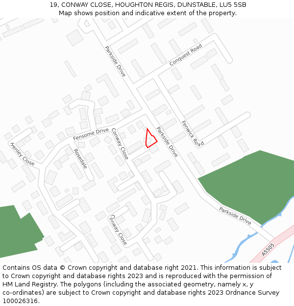 19, CONWAY CLOSE, HOUGHTON REGIS, DUNSTABLE, LU5 5SB: Location map and indicative extent of plot