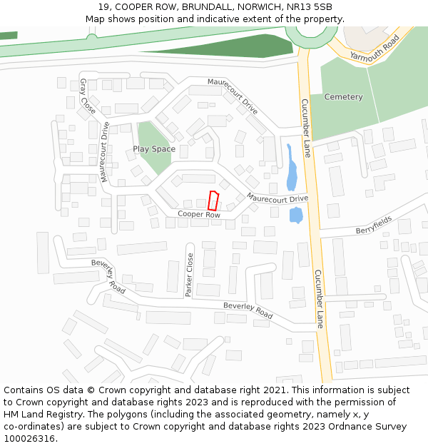 19, COOPER ROW, BRUNDALL, NORWICH, NR13 5SB: Location map and indicative extent of plot