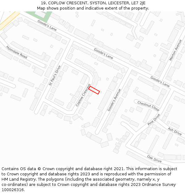 19, COPLOW CRESCENT, SYSTON, LEICESTER, LE7 2JE: Location map and indicative extent of plot