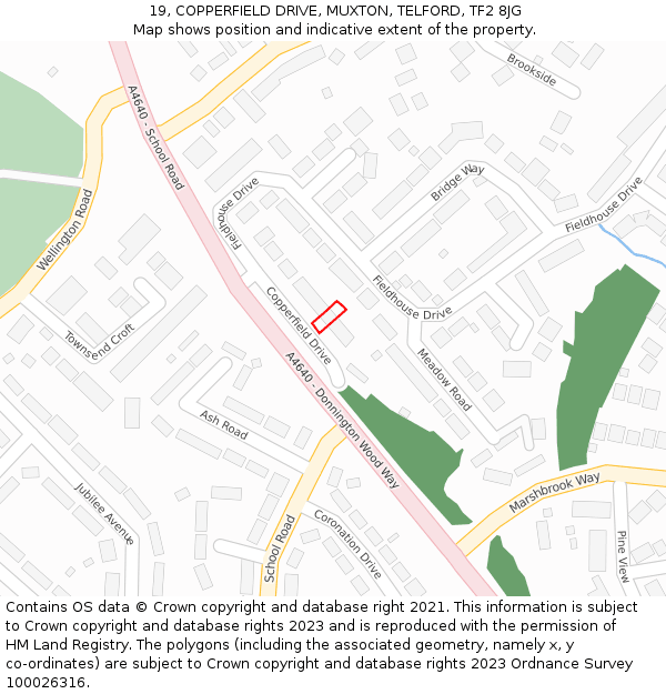 19, COPPERFIELD DRIVE, MUXTON, TELFORD, TF2 8JG: Location map and indicative extent of plot