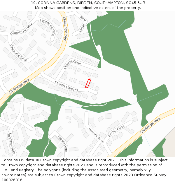 19, CORINNA GARDENS, DIBDEN, SOUTHAMPTON, SO45 5UB: Location map and indicative extent of plot