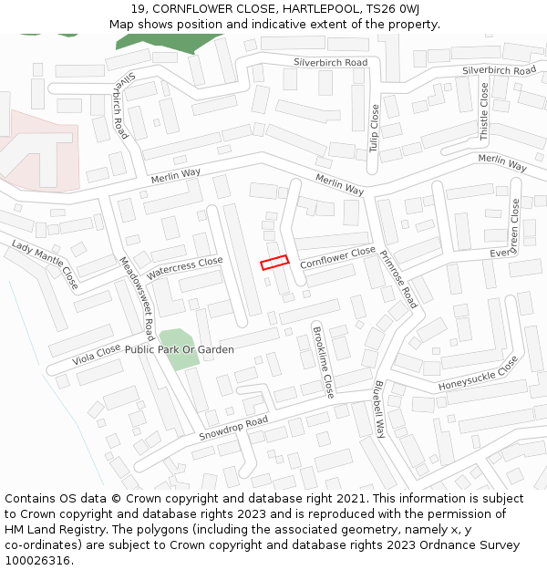 19, CORNFLOWER CLOSE, HARTLEPOOL, TS26 0WJ: Location map and indicative extent of plot