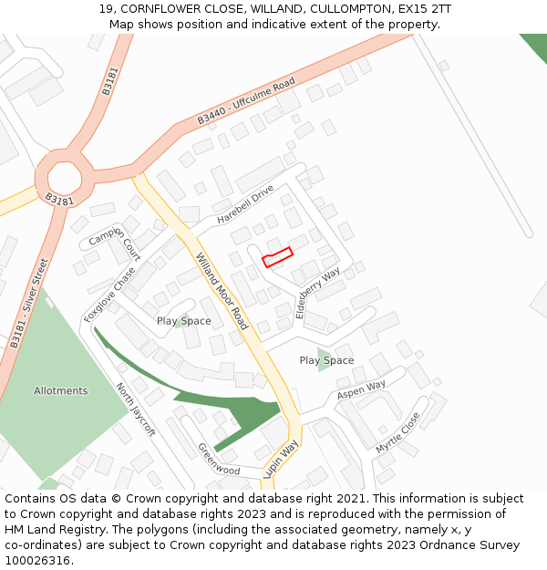 19, CORNFLOWER CLOSE, WILLAND, CULLOMPTON, EX15 2TT: Location map and indicative extent of plot