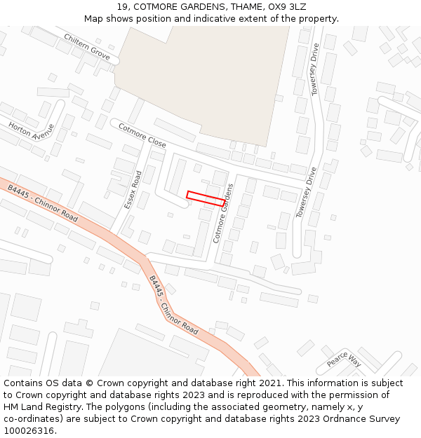 19, COTMORE GARDENS, THAME, OX9 3LZ: Location map and indicative extent of plot