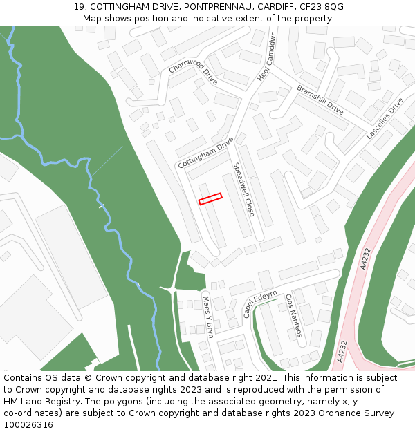 19, COTTINGHAM DRIVE, PONTPRENNAU, CARDIFF, CF23 8QG: Location map and indicative extent of plot