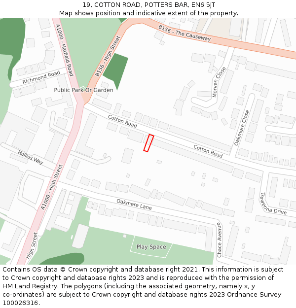 19, COTTON ROAD, POTTERS BAR, EN6 5JT: Location map and indicative extent of plot