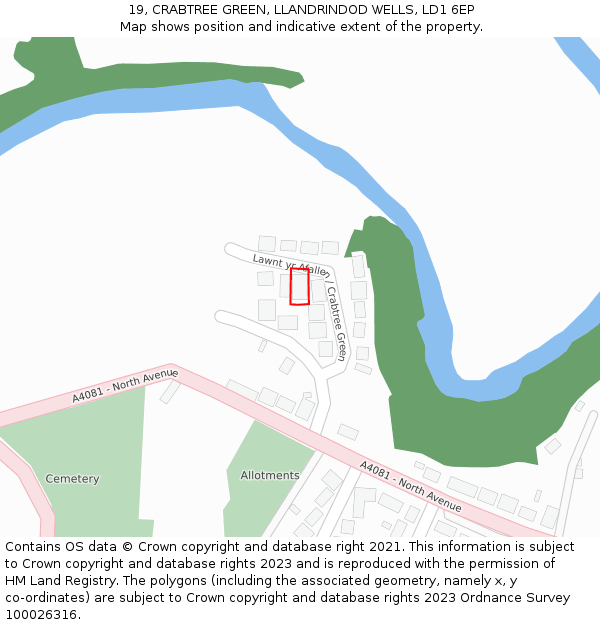 19, CRABTREE GREEN, LLANDRINDOD WELLS, LD1 6EP: Location map and indicative extent of plot