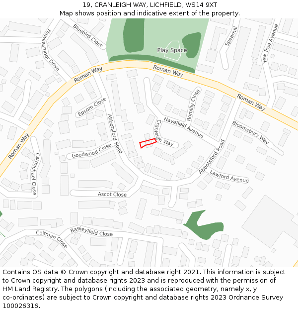 19, CRANLEIGH WAY, LICHFIELD, WS14 9XT: Location map and indicative extent of plot