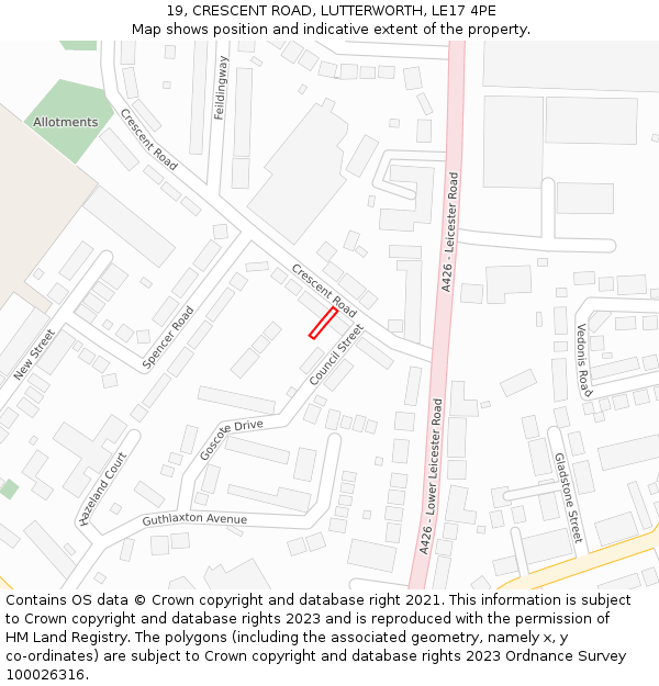 19, CRESCENT ROAD, LUTTERWORTH, LE17 4PE: Location map and indicative extent of plot