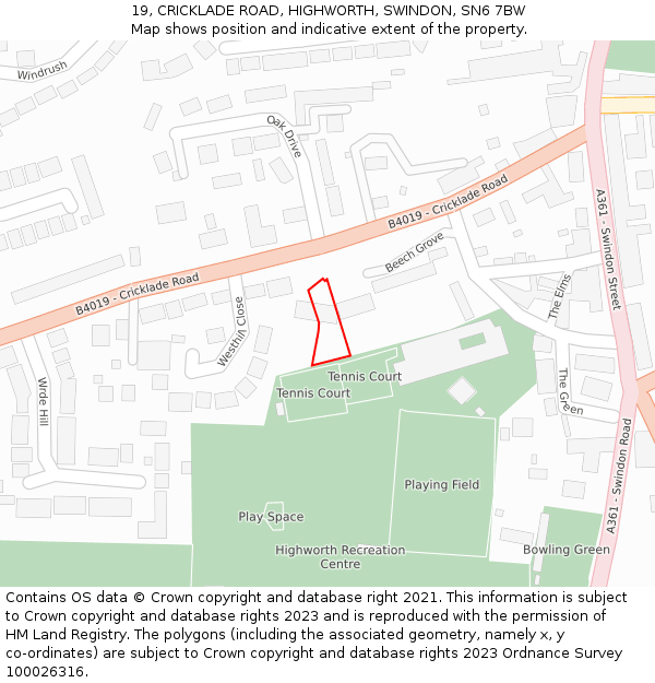 19, CRICKLADE ROAD, HIGHWORTH, SWINDON, SN6 7BW: Location map and indicative extent of plot