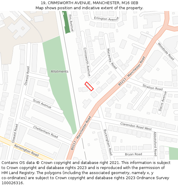 19, CRIMSWORTH AVENUE, MANCHESTER, M16 0EB: Location map and indicative extent of plot