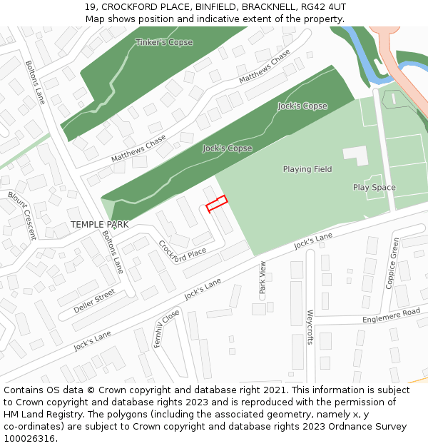 19, CROCKFORD PLACE, BINFIELD, BRACKNELL, RG42 4UT: Location map and indicative extent of plot