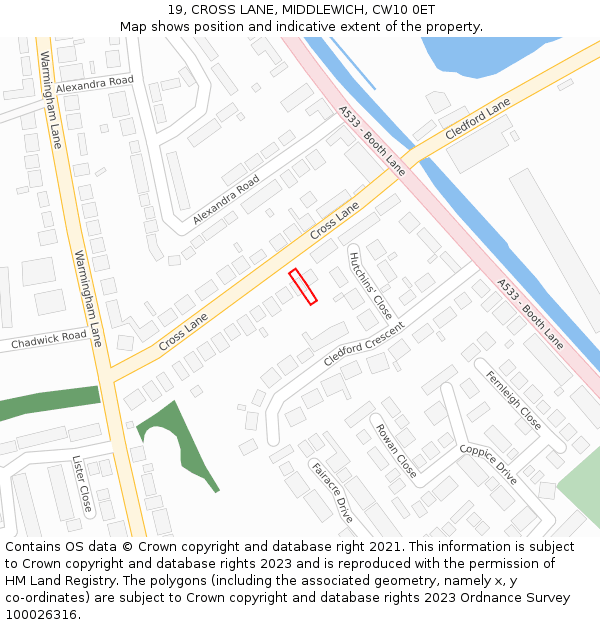 19, CROSS LANE, MIDDLEWICH, CW10 0ET: Location map and indicative extent of plot