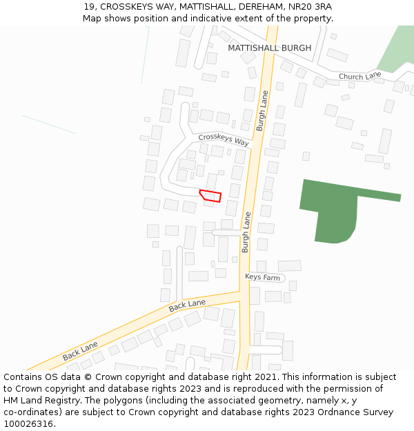 19, CROSSKEYS WAY, MATTISHALL, DEREHAM, NR20 3RA: Location map and indicative extent of plot