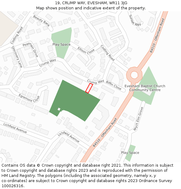 19, CRUMP WAY, EVESHAM, WR11 3JG: Location map and indicative extent of plot