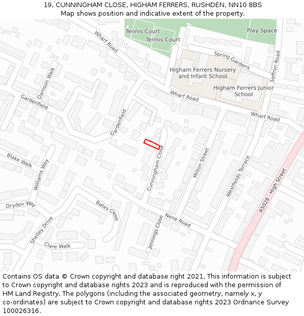 19, CUNNINGHAM CLOSE, HIGHAM FERRERS, RUSHDEN, NN10 8BS: Location map and indicative extent of plot