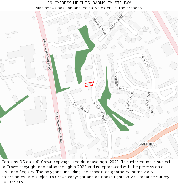 19, CYPRESS HEIGHTS, BARNSLEY, S71 1WA: Location map and indicative extent of plot