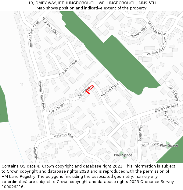 19, DAIRY WAY, IRTHLINGBOROUGH, WELLINGBOROUGH, NN9 5TH: Location map and indicative extent of plot