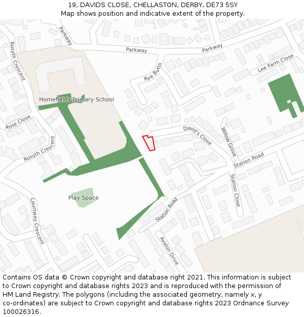 19, DAVIDS CLOSE, CHELLASTON, DERBY, DE73 5SY: Location map and indicative extent of plot
