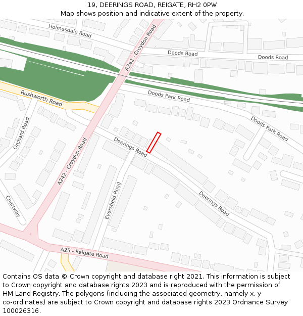 19, DEERINGS ROAD, REIGATE, RH2 0PW: Location map and indicative extent of plot
