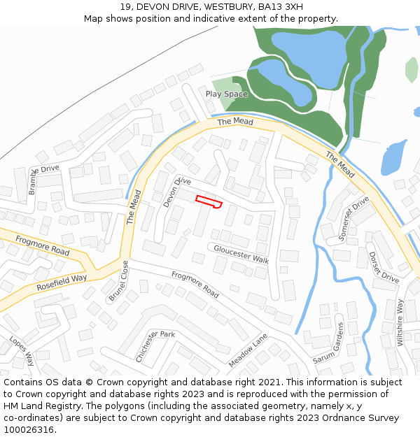 19, DEVON DRIVE, WESTBURY, BA13 3XH: Location map and indicative extent of plot