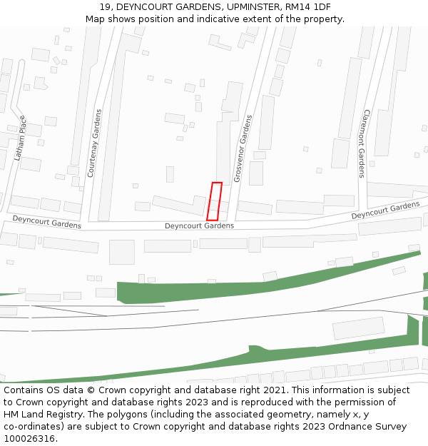 19, DEYNCOURT GARDENS, UPMINSTER, RM14 1DF: Location map and indicative extent of plot