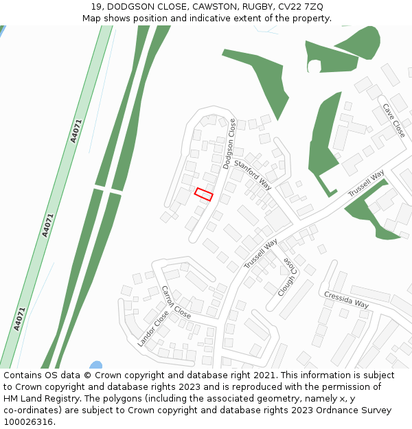 19, DODGSON CLOSE, CAWSTON, RUGBY, CV22 7ZQ: Location map and indicative extent of plot