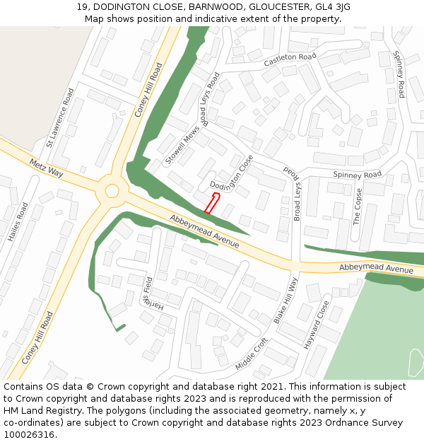 19, DODINGTON CLOSE, BARNWOOD, GLOUCESTER, GL4 3JG: Location map and indicative extent of plot