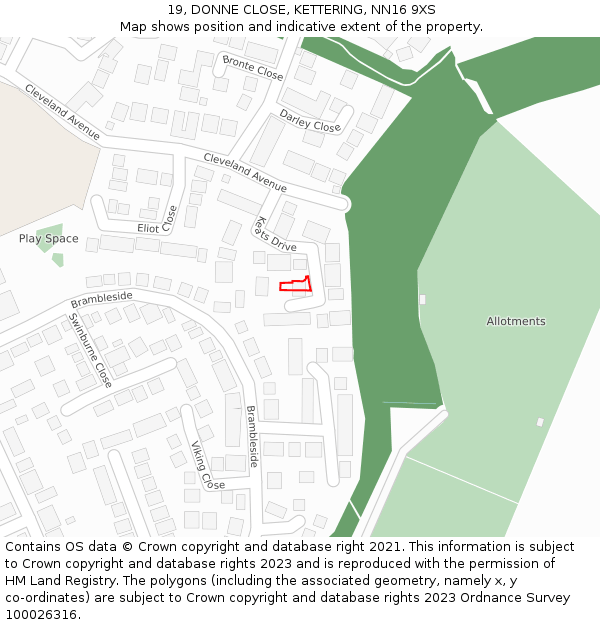 19, DONNE CLOSE, KETTERING, NN16 9XS: Location map and indicative extent of plot