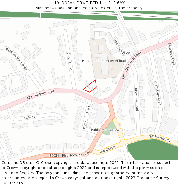 19, DORAN DRIVE, REDHILL, RH1 6AX: Location map and indicative extent of plot
