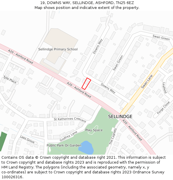 19, DOWNS WAY, SELLINDGE, ASHFORD, TN25 6EZ: Location map and indicative extent of plot