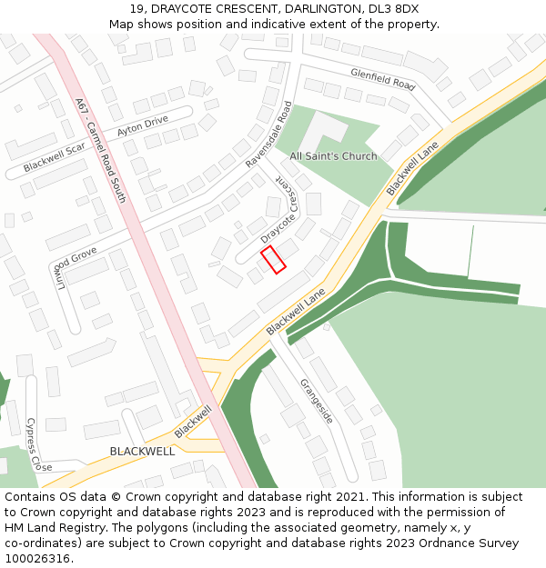 19, DRAYCOTE CRESCENT, DARLINGTON, DL3 8DX: Location map and indicative extent of plot
