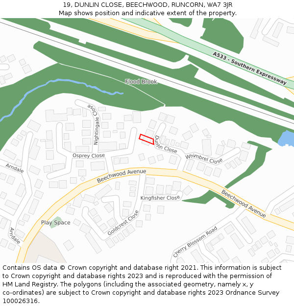 19, DUNLIN CLOSE, BEECHWOOD, RUNCORN, WA7 3JR: Location map and indicative extent of plot